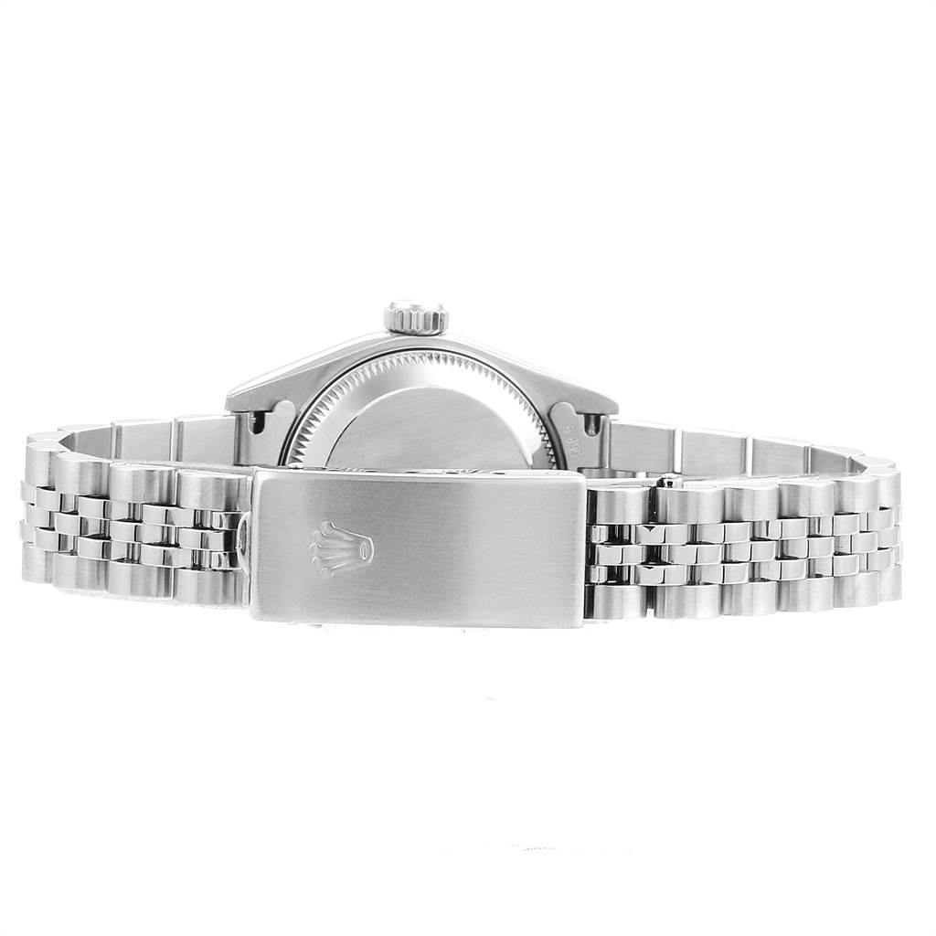 This image shows the back view of a Rolex Datejust 79174 Women
s Stainless Steel Silver Dial 79174 Women
s Stainless Steel Silver Dial watch, featuring the case back and Jubilee bracelet with clasp.