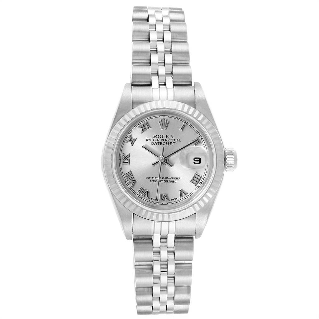 The image shows a front-view angle of a Rolex Datejust 79174 Women
s Stainless Steel Silver Dial 79174 Women
s Stainless Steel Silver Dial watch, highlighting its face, bezel, and bracelet.