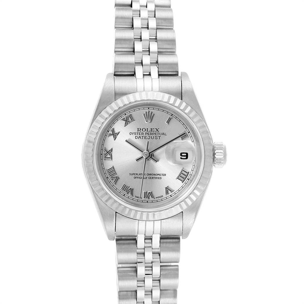 The Rolex Datejust 79174 Women
s Stainless Steel Silver Dial 79174 Women
s Stainless Steel Silver Dial watch is shown from a top-down angle, displaying its dial, bezel, and bracelet.