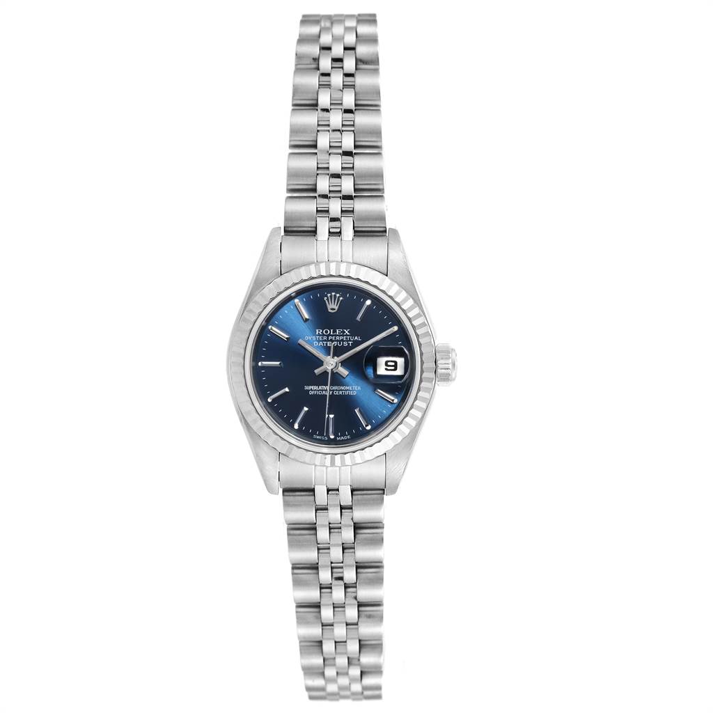 The image shows the Rolex Datejust 79174 Women's Stainless Steel Blue Dial 79174 Women's Stainless Steel Blue Dial watch from a front angle, displaying its face, bezel, and bracelet.