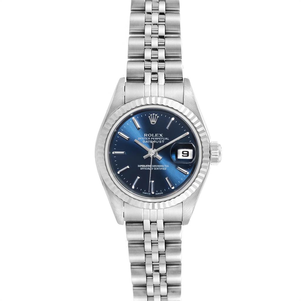 This image shows a Rolex Datejust 79174 Women's Stainless Steel Blue Dial 79174 Women's Stainless Steel Blue Dial watch from a front angle, featuring a blue dial, date window, and a silver metal strap.