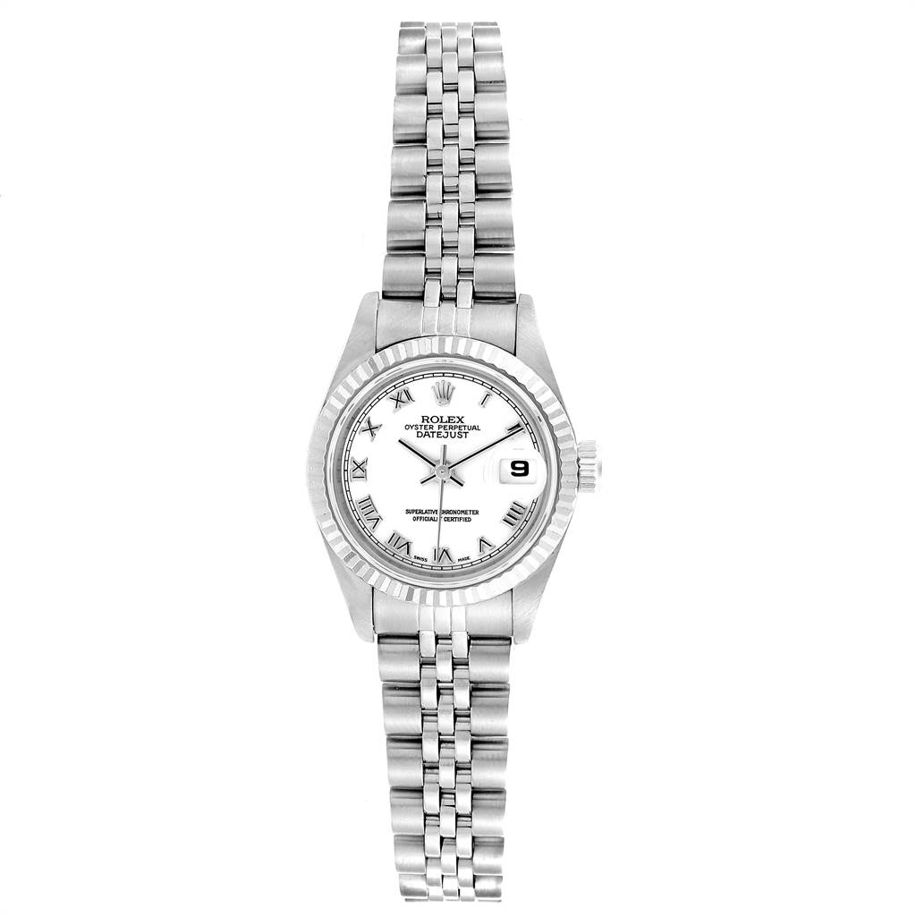 This is a full front view of a Rolex Datejust 79174 Women's Stainless Steel White Dial 79174 Women's Stainless Steel White Dial watch showing the face, bezel, crown, and bracelet.