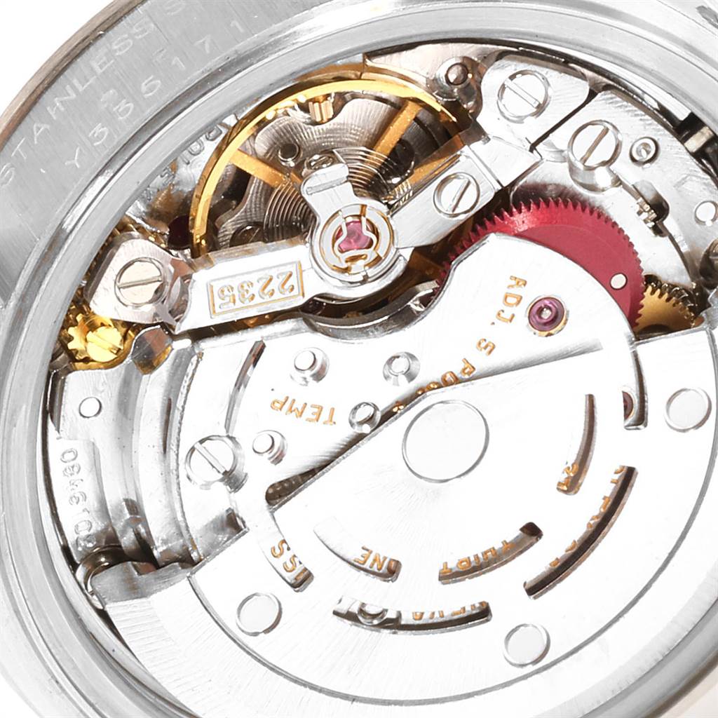 This image shows a close-up view of the movement mechanism of a Rolex Datejust 79174 Women's Stainless Steel White Dial 79174 Women's Stainless Steel White Dial watch.