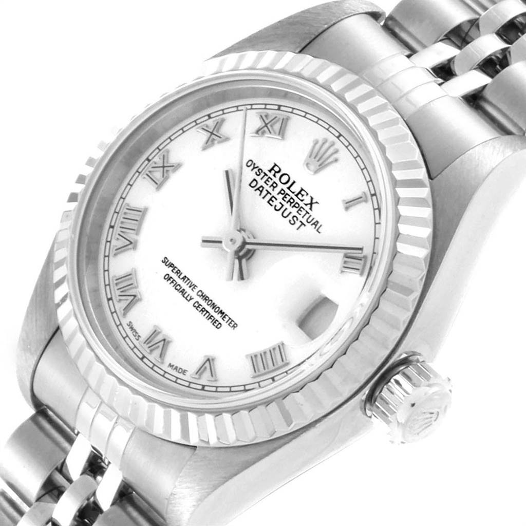 This image shows a close-up angle of the Rolex Datejust 79174 Women's Stainless Steel White Dial 79174 Women's Stainless Steel White Dial watch, highlighting the dial, bezel, and crown.