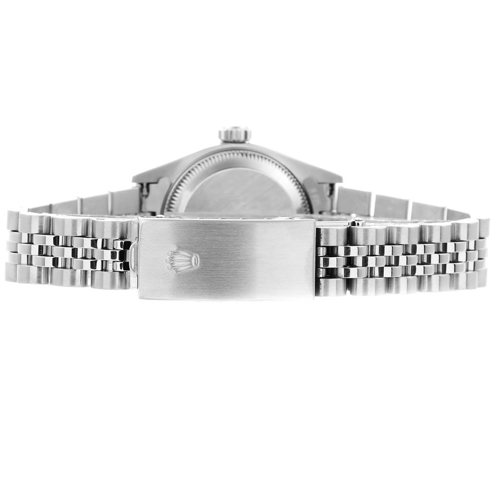 This image shows the back case and Jubilee bracelet with clasp of a Rolex Datejust 79174 Women's Stainless Steel White Dial 79174 Women's Stainless Steel White Dial watch, viewed from the rear.