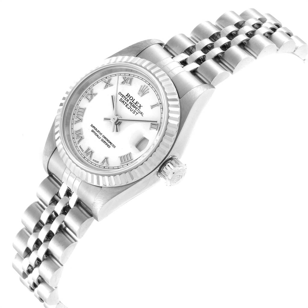 This image shows a Rolex Datejust 79174 Women's Stainless Steel White Dial 79174 Women's Stainless Steel White Dial watch at a slight angle, highlighting the face, bezel, crown, and part of the bracelet.