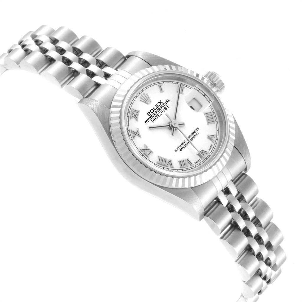 The image shows the dial, bezel, crown, and partly the bracelet of a Rolex Datejust 79174 Women's Stainless Steel White Dial 79174 Women's Stainless Steel White Dial watch at a slight angle.