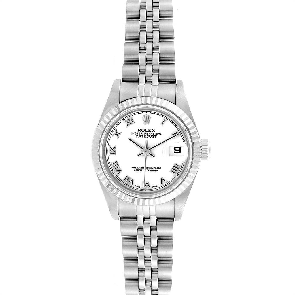 This image shows a Rolex Datejust 79174 Women's Stainless Steel White Dial 79174 Women's Stainless Steel White Dial watch from a top-down angle, featuring the watch face, bezel, and bracelet.