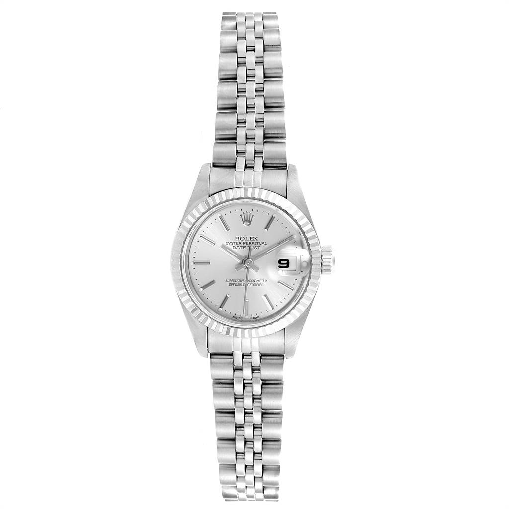 This image shows a front view of a Rolex Datejust 79174 Women
s Stainless Steel Silver Dial 79174 Women
s Stainless Steel Silver Dial watch, displaying its face, bezel, and band.