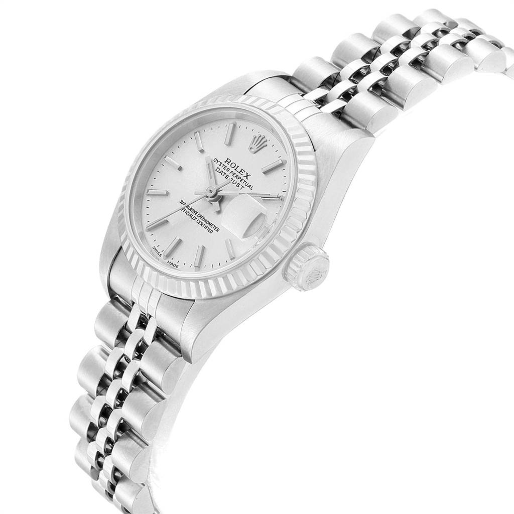 The Rolex Datejust 79174 Women
s Stainless Steel Silver Dial 79174 Women
s Stainless Steel Silver Dial watch is shown at a slight angled side view, displaying the dial, bracelet, and crown.