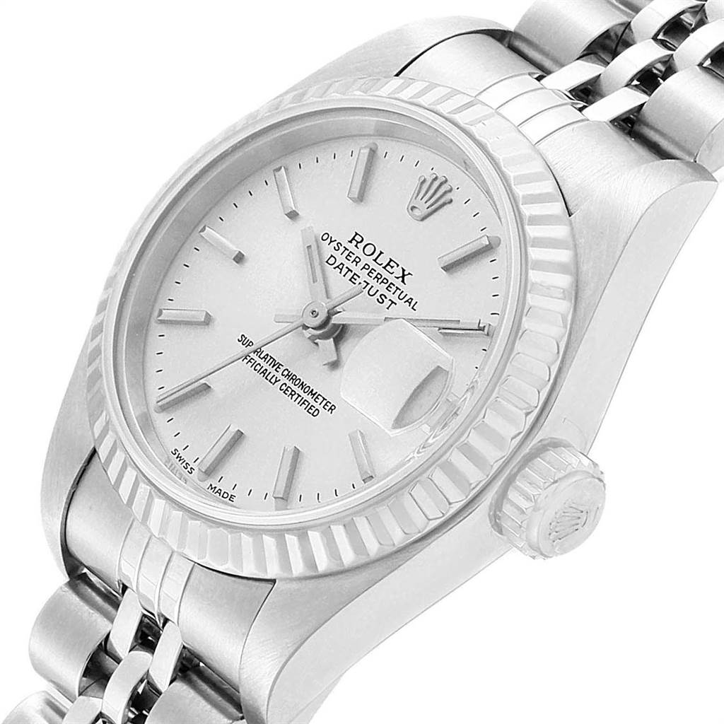 This image shows a Rolex Datejust 79174 Women
s Stainless Steel Silver Dial 79174 Women
s Stainless Steel Silver Dial watch at a slight angle, highlighting the dial, bezel, crown, and part of the bracelet.