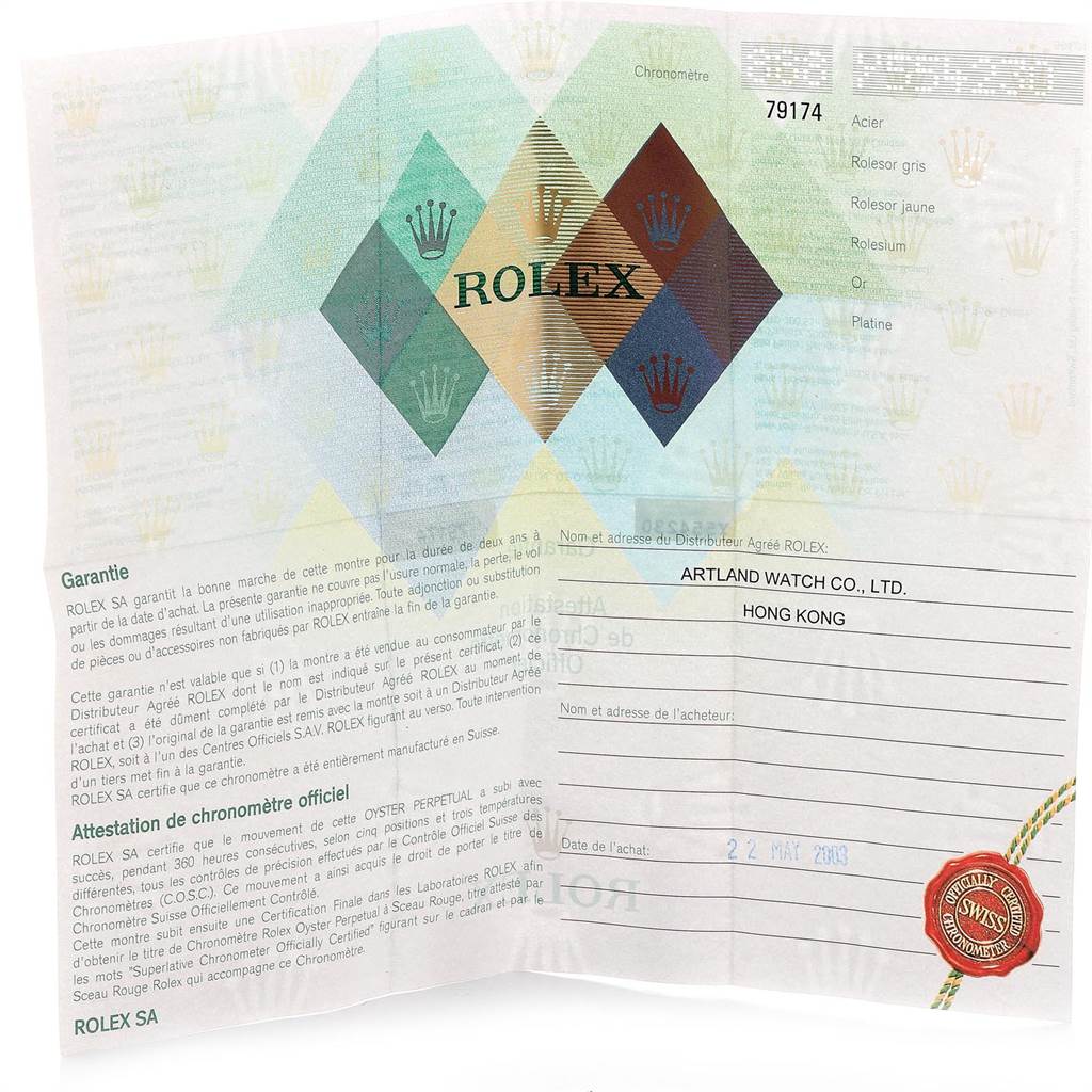 The image shows a warranty and chronometer certification card for a Rolex Datejust 79174 Women
s Stainless Steel Silver Dial 79174 Women
s Stainless Steel Silver Dial watch.