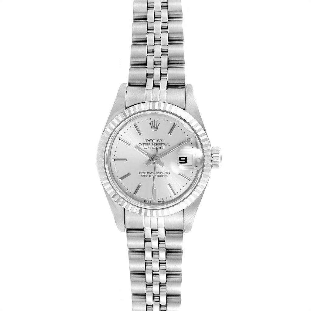 The image shows a frontal view of a Rolex Datejust 79174 Women
s Stainless Steel Silver Dial 79174 Women
s Stainless Steel Silver Dial watch, highlighting the dial, bezel, bracelet, hands, and date window.