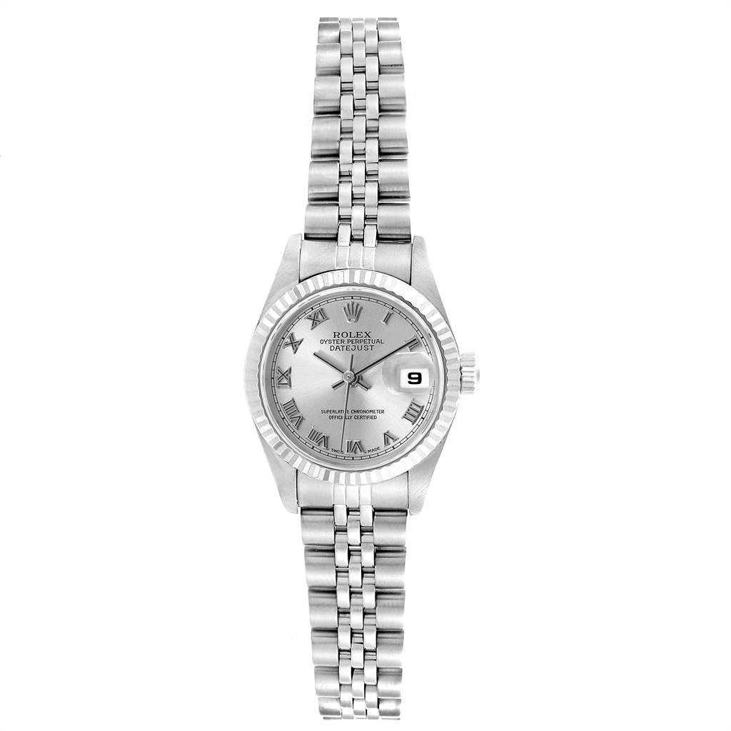 This image shows a front view of the Rolex Datejust 79174 Women
s Stainless Steel Silver Dial 79174 Women
s Stainless Steel Silver Dial model watch, highlighting the dial, bracelet, and date magnifier.