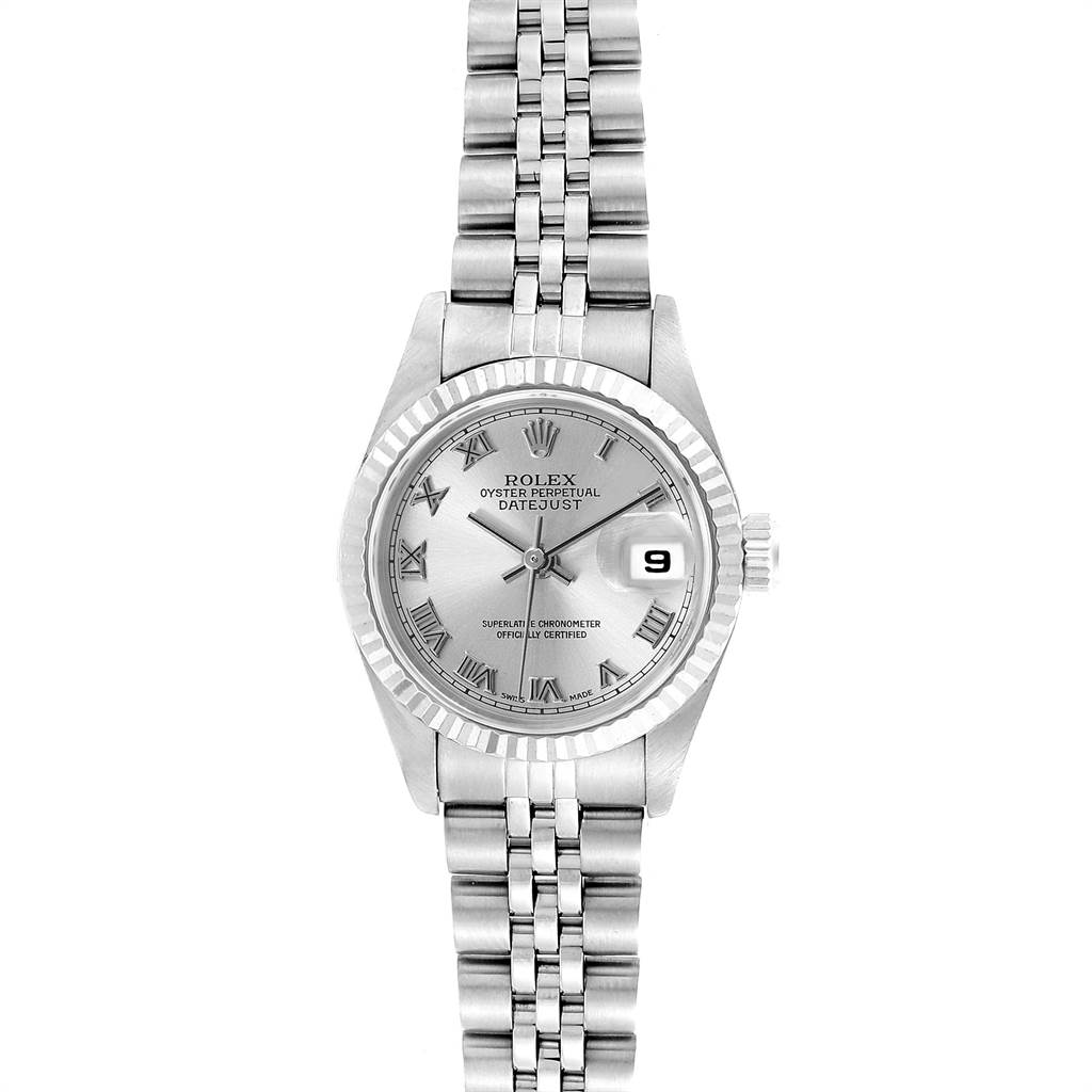 The Rolex Datejust 79174 Women
s Stainless Steel Silver Dial 79174 Women
s Stainless Steel Silver Dial watch is shown from a top-down angle, displaying the face, bezel, and bracelet.