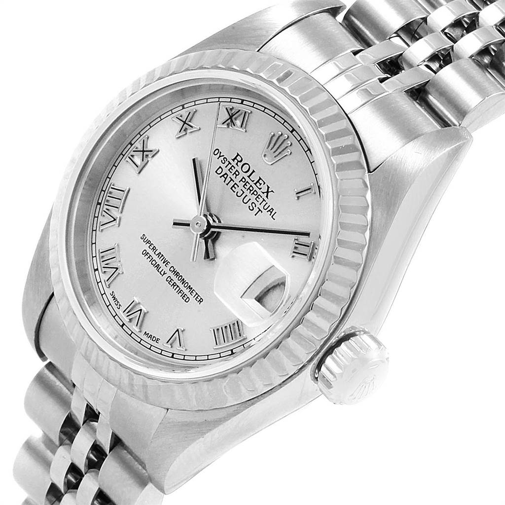 The image shows a close-up angled view of a Rolex Datejust 79174 Women
s Stainless Steel Silver Dial 79174 Women
s Stainless Steel Silver Dial watch, highlighting the dial, bezel, crown, and bracelet.