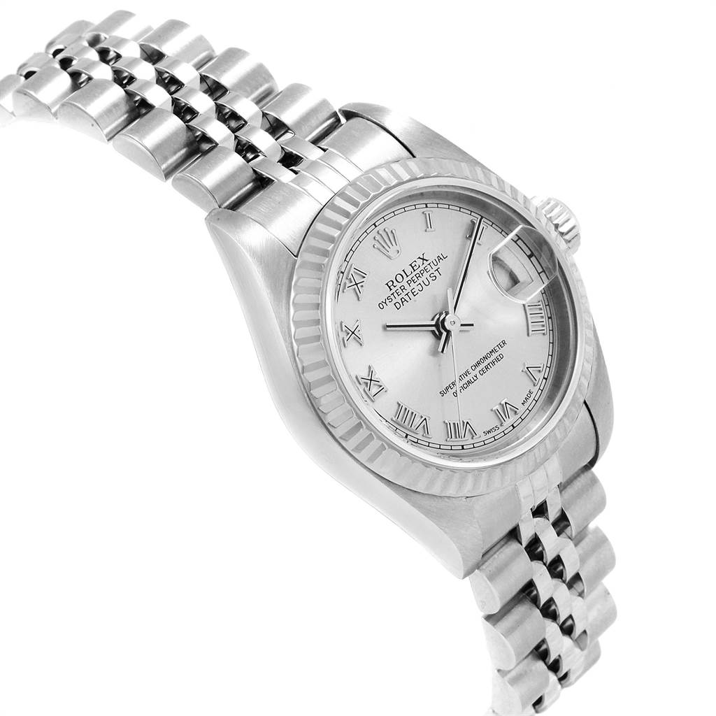 This Rolex Datejust 79174 Women
s Stainless Steel Silver Dial 79174 Women
s Stainless Steel Silver Dial watch is shown from an angled front view, displaying the watch face, bezel, and bracelet.