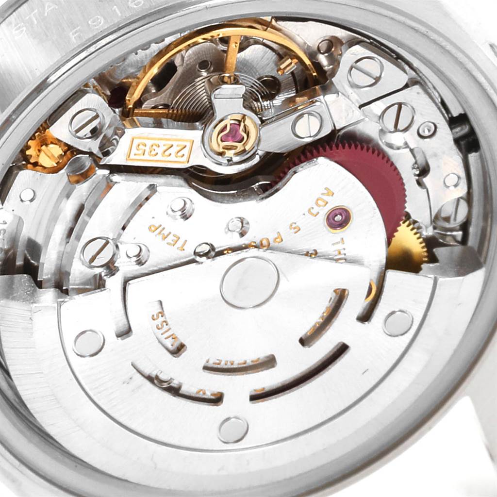 This image shows a close-up of the movement and internal mechanisms of a Rolex Datejust 79174 Women
s Stainless Steel Silver Dial 79174 Women
s Stainless Steel Silver Dial watch.