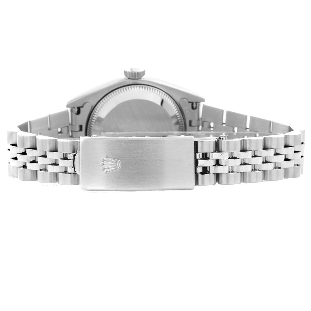 The image shows the back and bracelet of a Rolex Datejust 79174 Women
s Stainless Steel Silver Dial 79174 Women
s Stainless Steel Silver Dial watch, featuring a Jubilee band and clasp with the Rolex crown logo.
