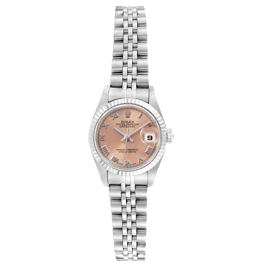 The image shows a Rolex Datejust 79174 Women's Stainless Steel Pink Dial 79174 Women's Stainless Steel Pink Dial watch with a rose dial, oyster bracelet, and a date window at 3 o'clock.