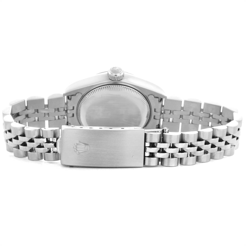 This image shows the back and bracelet of a Rolex Datejust 79174 Women's Stainless Steel Pink Dial 79174 Women's Stainless Steel Pink Dial watch at a slightly elevated angle.