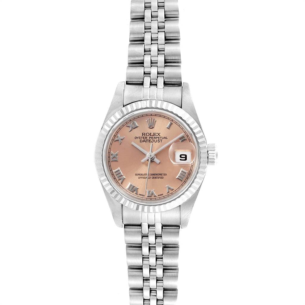 This Rolex Datejust 79174 Women's Stainless Steel Pink Dial 79174 Women's Stainless Steel Pink Dial watch is shown from a top-down angle, displaying its face, case, bezel, and bracelet.