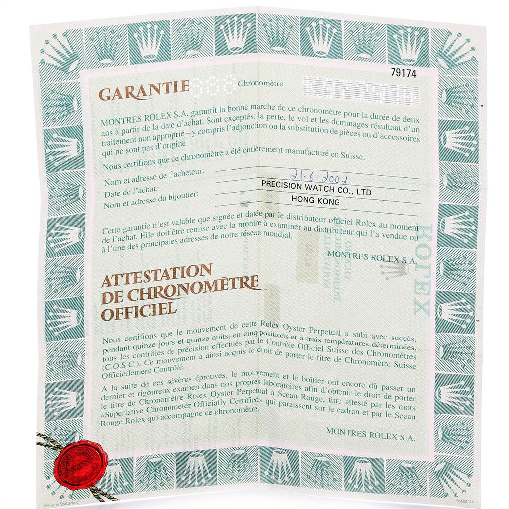 This image displays the guarantee and chronometer certificate paperwork for the Rolex Datejust 79174 Women's Stainless Steel Pink Dial 79174 Women's Stainless Steel Pink Dial model, showing the warranty details and official stamp.