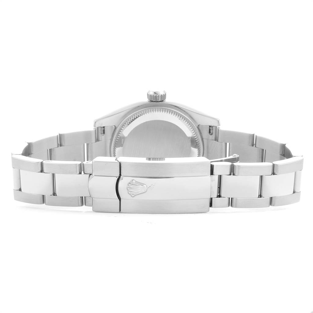 This image shows the back and clasp of a Rolex Datejust 179174 Women's Stainless Steel Mother of Pearl Dial 179174 Women's Stainless Steel Mother of Pearl Dial watch from a rear view angle.