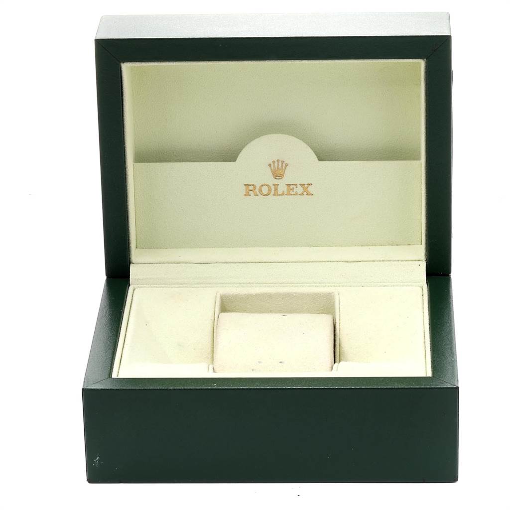 This image shows an open green and beige Rolex Datejust 179174 Women's Stainless Steel Mother of Pearl Dial 179174 Women's Stainless Steel Mother of Pearl Dial watch box, angled from the front.