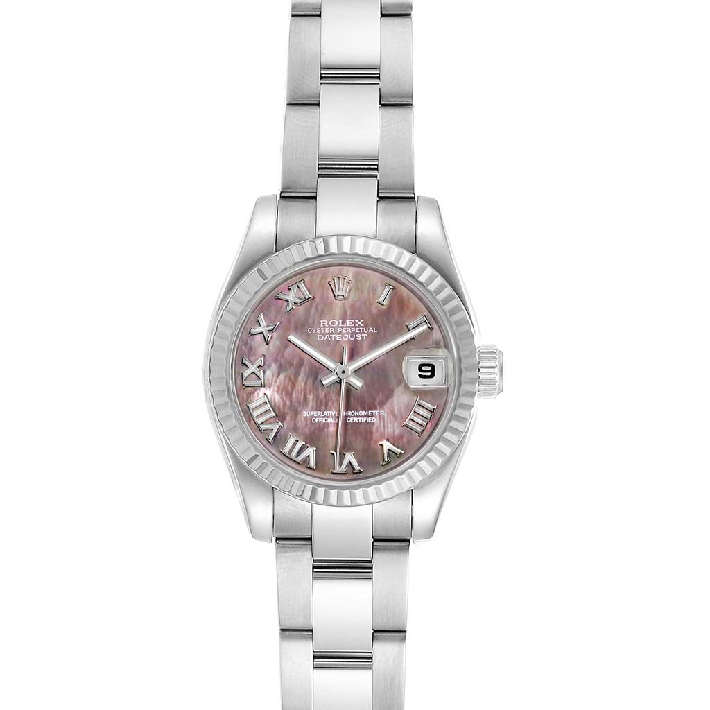 This image shows a front view of a Rolex Datejust 179174 Women's Stainless Steel Mother of Pearl Dial 179174 Women's Stainless Steel Mother of Pearl Dial watch with a metal bracelet and iridescent dial.