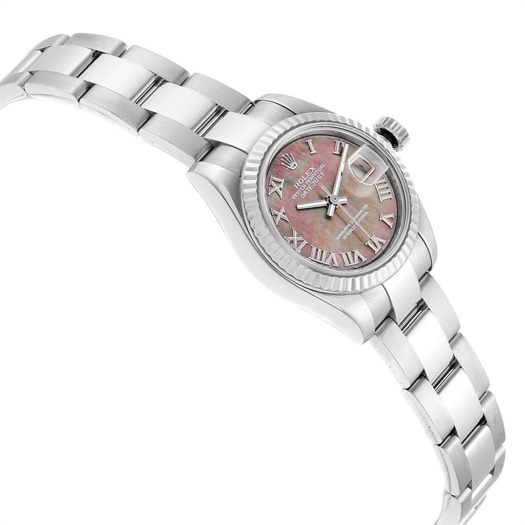 The image shows a side view of a Rolex Datejust 179174 Women's Stainless Steel Mother of Pearl Dial 179174 Women's Stainless Steel Mother of Pearl Dial watch, highlighting its bracelet, dial, and fluted bezel.
