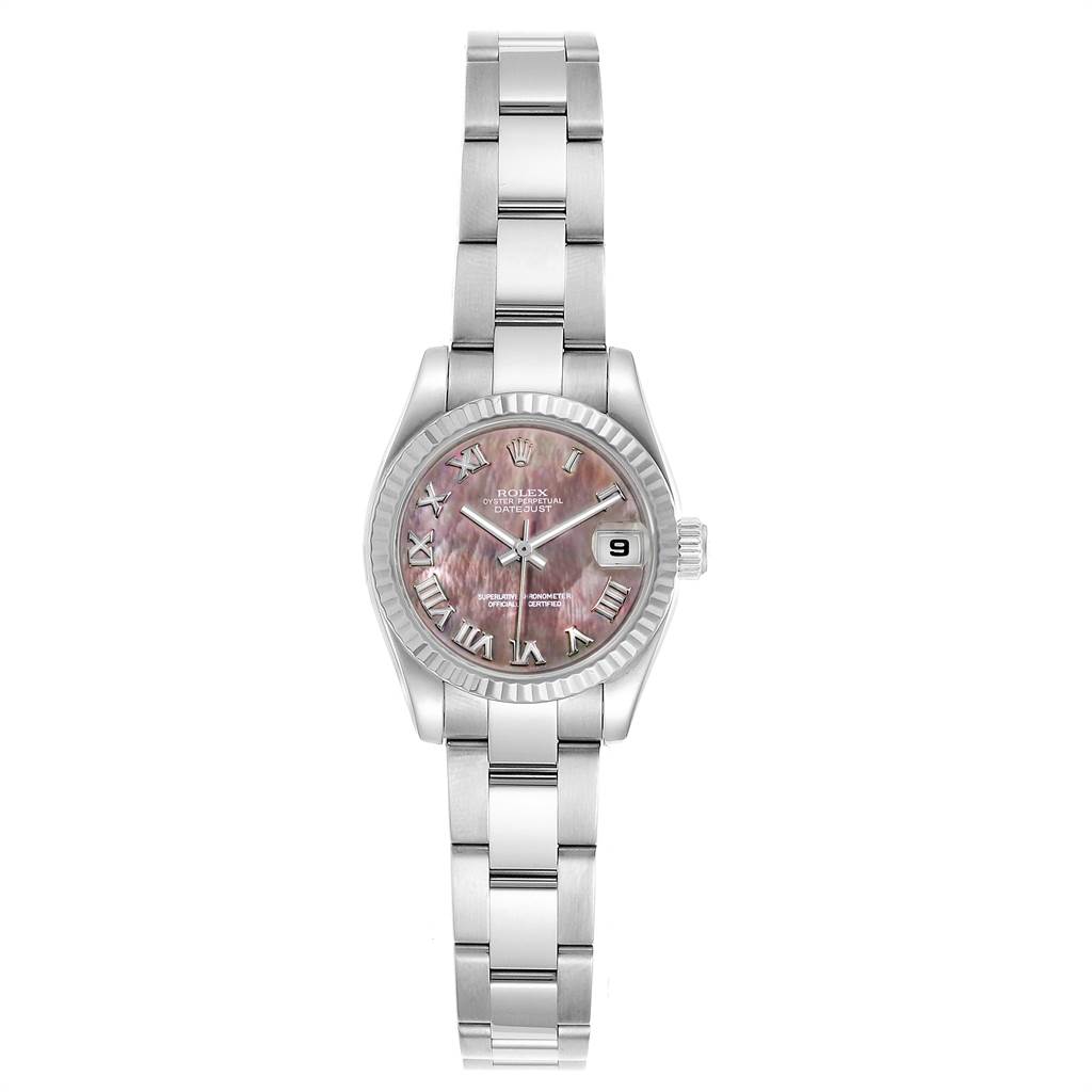 This is a top-down view of a Rolex Datejust 179174 Women's Stainless Steel Mother of Pearl Dial 179174 Women's Stainless Steel Mother of Pearl Dial watch, showing the face, bezel, bracelet, and crown.