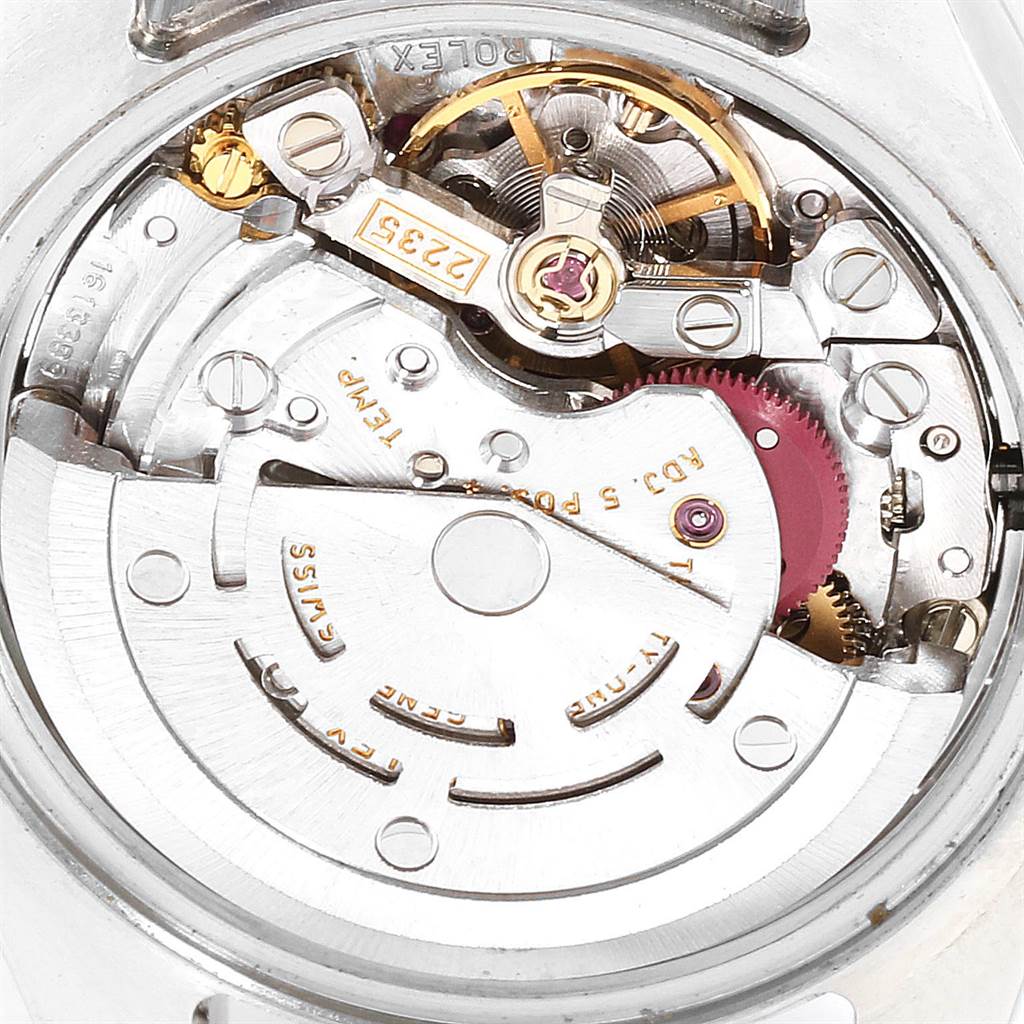 This image shows the intricate internal mechanical movement of a Rolex Datejust 179174 Women's Stainless Steel Mother of Pearl Dial 179174 Women's Stainless Steel Mother of Pearl Dial watch from a close-up, top-down angle.