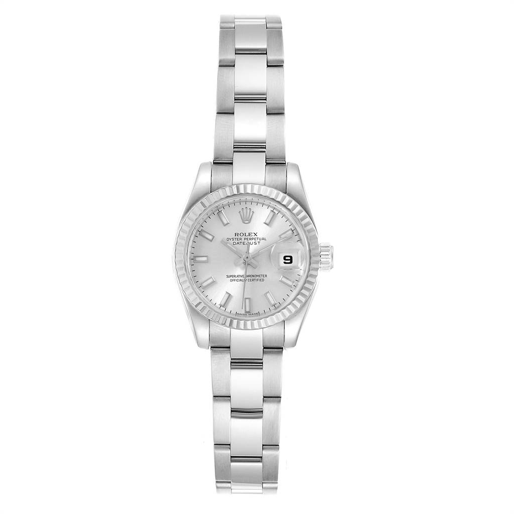 The image shows a front view of the Rolex Datejust 179174 Women
s Stainless Steel Silver Dial 179174 Women
s Stainless Steel Silver Dial watch displaying the dial, bezel, bracelet, and crown.