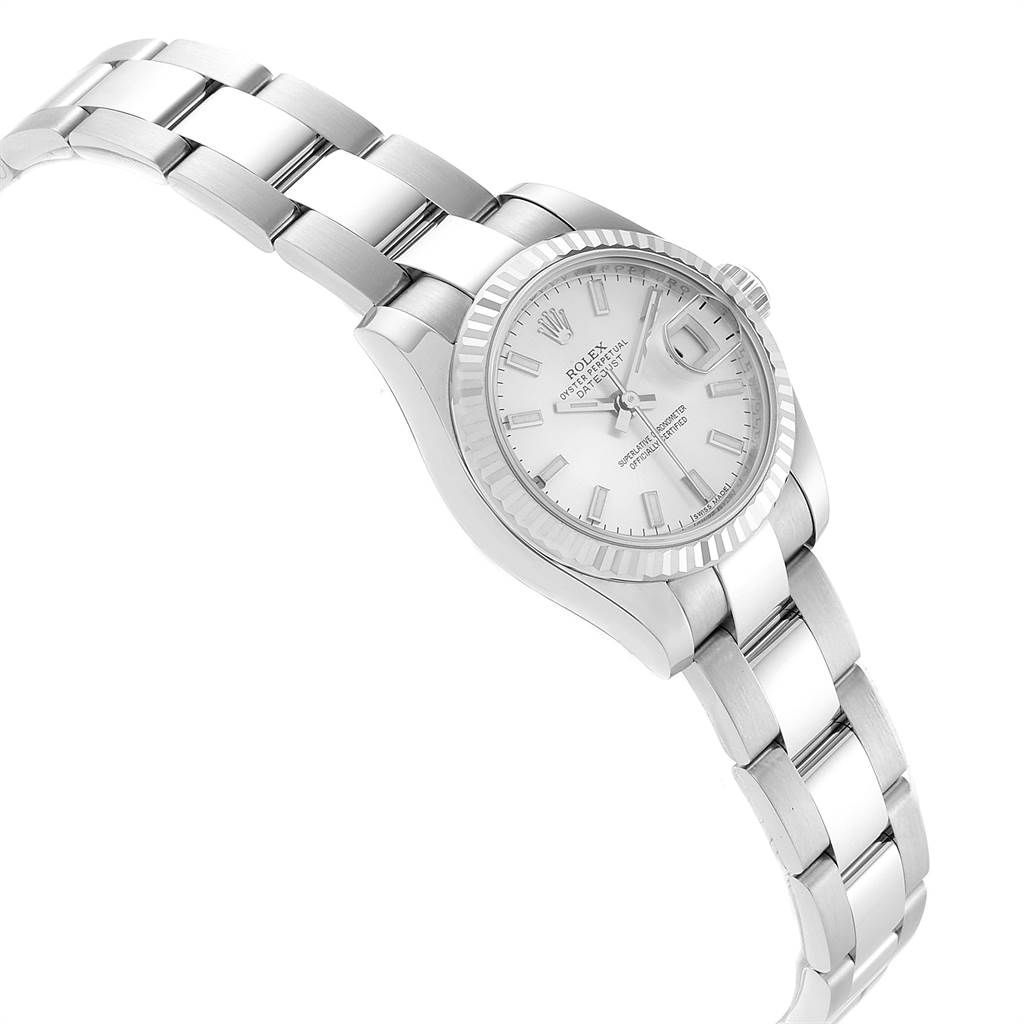 The image shows a Rolex Datejust 179174 Women
s Stainless Steel Silver Dial 179174 Women
s Stainless Steel Silver Dial watch from a side angle, displaying the face, bezel, and part of the bracelet.