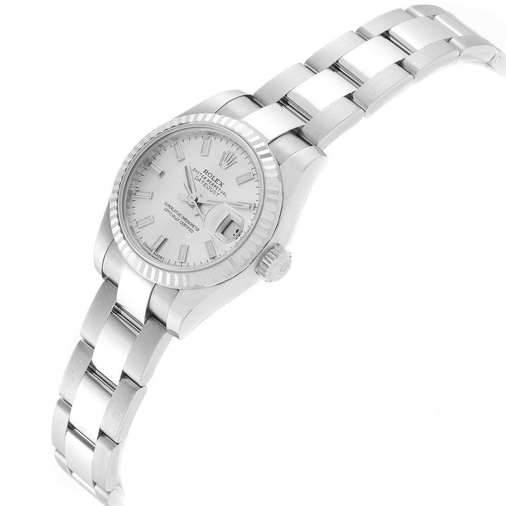 The image shows a Rolex Datejust 179174 Women
s Stainless Steel Silver Dial 179174 Women
s Stainless Steel Silver Dial watch at a slight top-side angle, highlighting the dial, case, and bracelet.