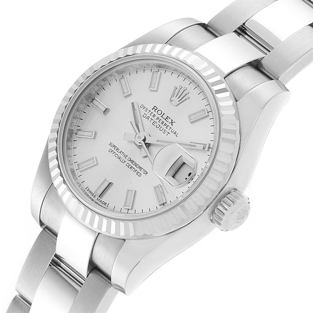 The image shows a close-up of the Rolex Datejust 179174 Women
s Stainless Steel Silver Dial 179174 Women
s Stainless Steel Silver Dial watch
s face and band, viewed from a slightly angled top perspective.