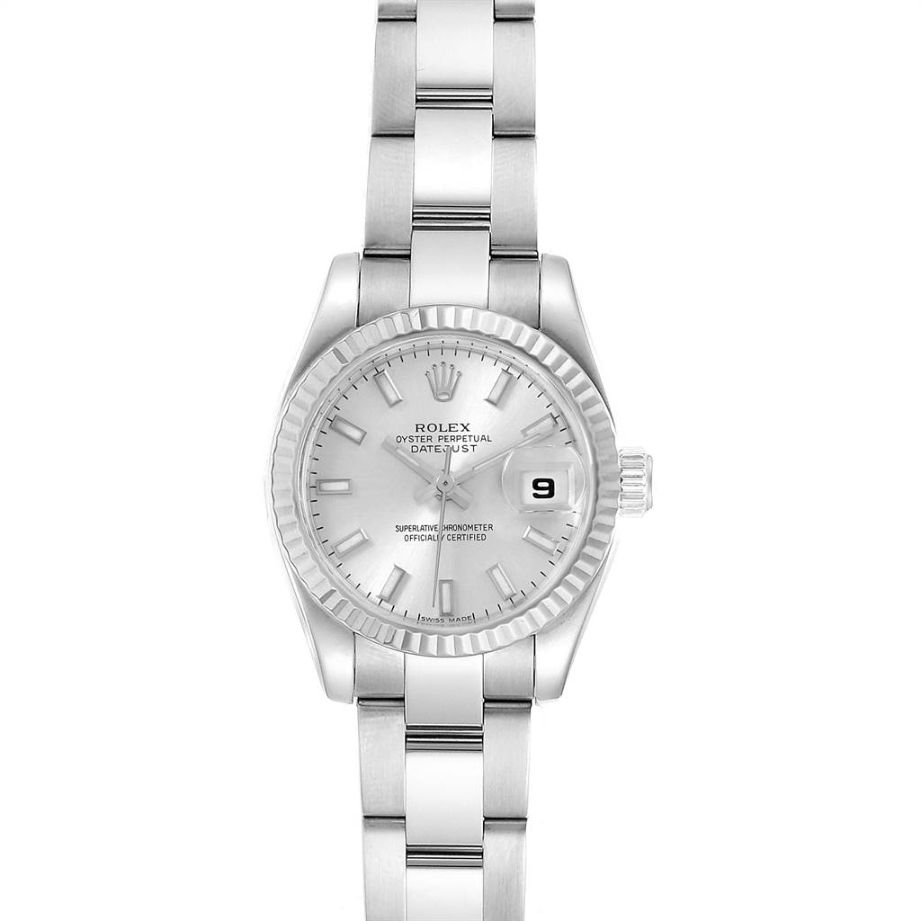 This image shows a Rolex Datejust 179174 Women
s Stainless Steel Silver Dial 179174 Women
s Stainless Steel Silver Dial watch from a front angle, highlighting the face, band, bezel, and crown.