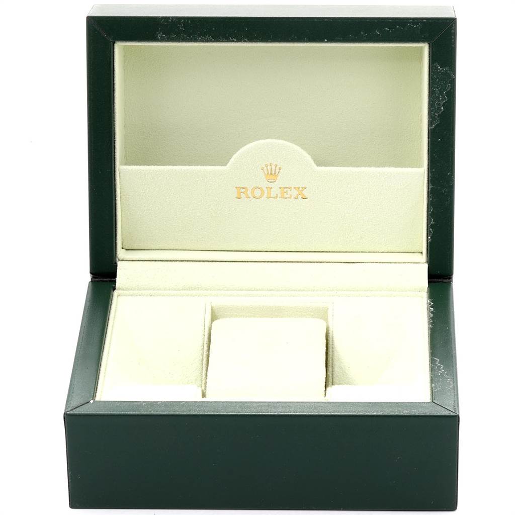 The image shows an open Rolex Datejust 179174 Women
s Stainless Steel Silver Dial 179174 Women
s Stainless Steel Silver Dial watch box, displaying the interior compartments.