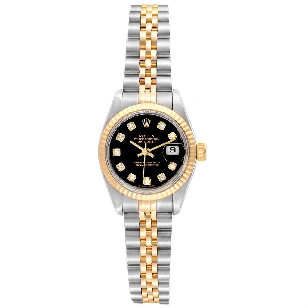 The image shows a frontal view of a Rolex Datejust 79173 Women
s Stainless Steel Black Dial 79173 Women
s Stainless Steel Black Dial watch, highlighting its black dial, diamond hour markers, and two-tone bracelet.