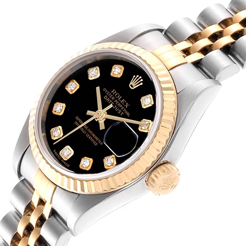 This image shows a close-up of a Rolex Datejust 79173 Women
s Stainless Steel Black Dial 79173 Women
s Stainless Steel Black Dial watch, highlighting the diamond-set dial, fluted bezel, and two-tone bracelet.
