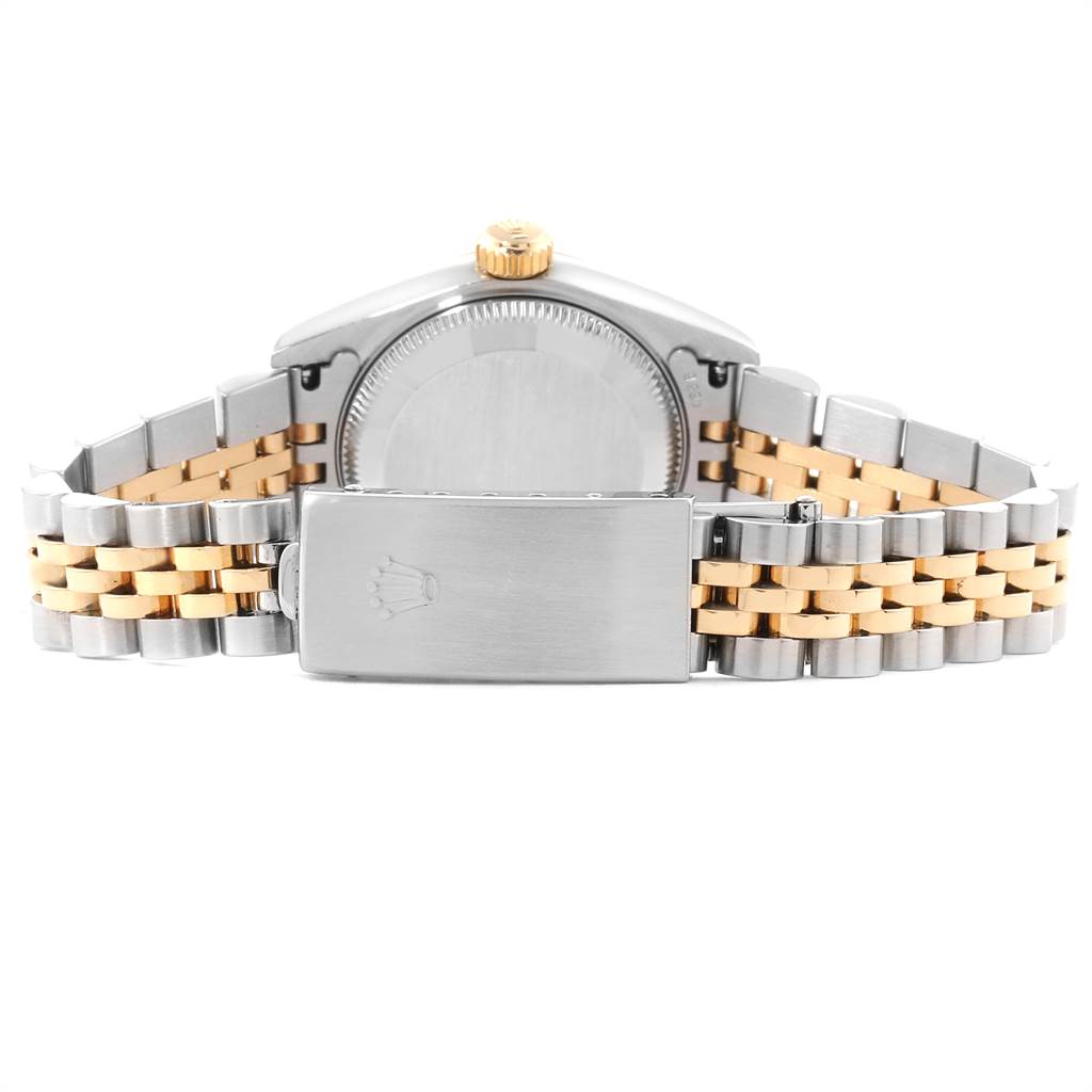 This image shows the back view of a Rolex Datejust 79173 Women
s Stainless Steel Black Dial 79173 Women
s Stainless Steel Black Dial watch, highlighting its closed clasp and bi-metal bracelet.