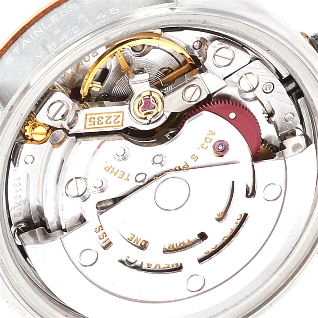 This image shows a close-up view of the movement and internal mechanics of a Rolex Datejust 79173 Women
s Stainless Steel Black Dial 79173 Women
s Stainless Steel Black Dial watch.