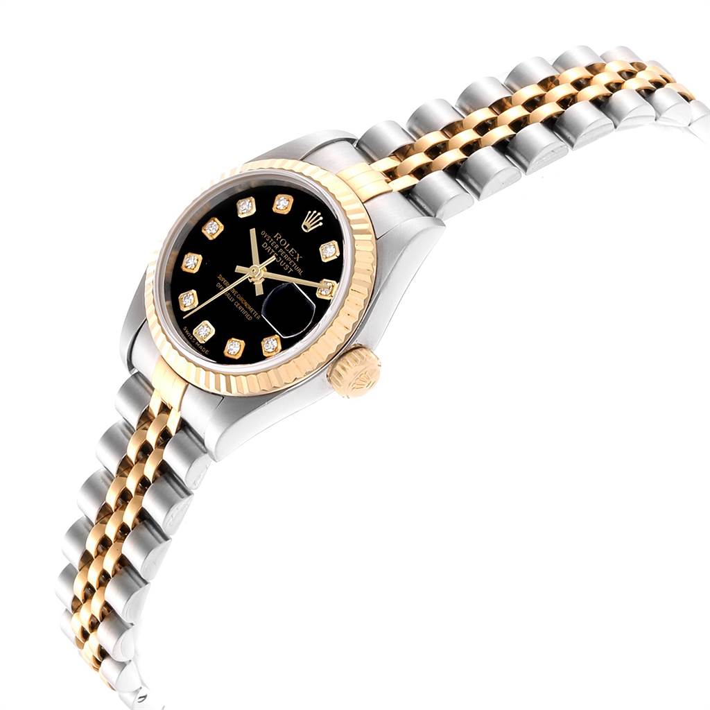 The image shows a side-angle view of a Rolex Datejust 79173 Women
s Stainless Steel Black Dial 79173 Women
s Stainless Steel Black Dial watch, highlighting its black dial, diamond hour markers, and two-tone Jubilee bracelet.
