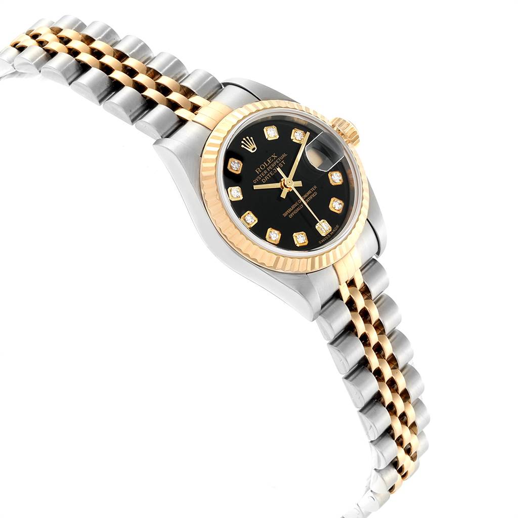 The Rolex Datejust 79173 Women
s Stainless Steel Black Dial 79173 Women
s Stainless Steel Black Dial watch is shown at an angled side view featuring the face, bezel, and two-tone bracelet.