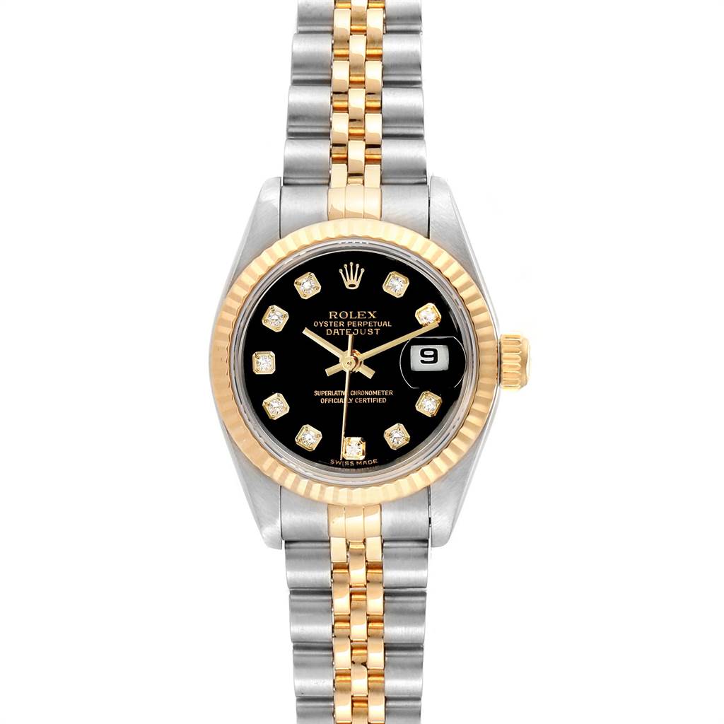 This Rolex Datejust 79173 Women
s Stainless Steel Black Dial 79173 Women
s Stainless Steel Black Dial watch is shown from the front, highlighting its black dial, diamond markers, gold bezel, and two-tone bracelet.