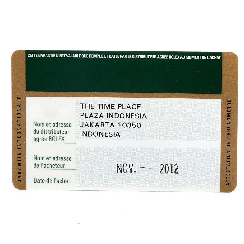 This is a warranty card for a Rolex Datejust 179174 Women
s Stainless Steel Mother of Pearl Dial 179174 Women
s Stainless Steel Mother of Pearl Dial, showing purchase details and distributor information.