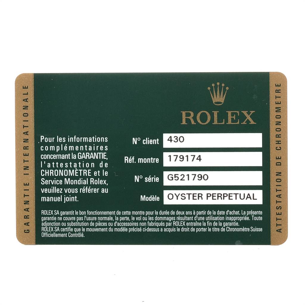 This image shows the warranty card for a Rolex Datejust 179174 Women
s Stainless Steel Mother of Pearl Dial 179174 Women
s Stainless Steel Mother of Pearl Dial model Oyster Perpetual.