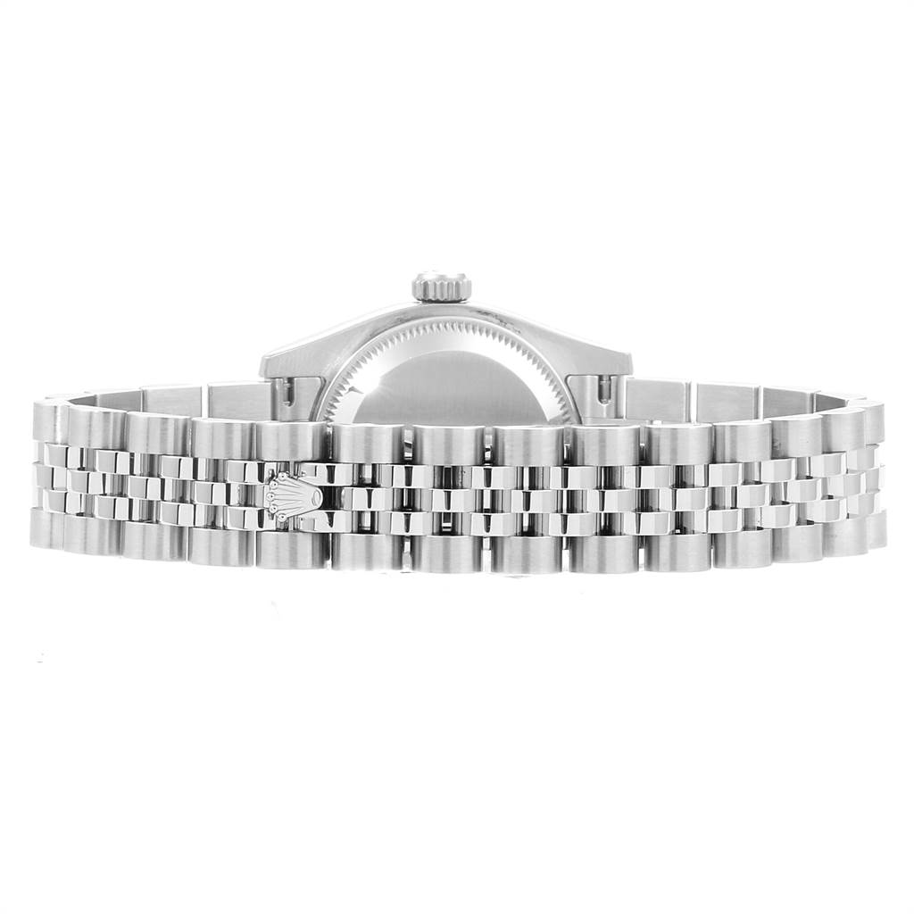 The image shows the back view of a Rolex Datejust 179174 Women
s Stainless Steel Mother of Pearl Dial 179174 Women
s Stainless Steel Mother of Pearl Dial watch, highlighting the bracelet and clasp with the Rolex logo.