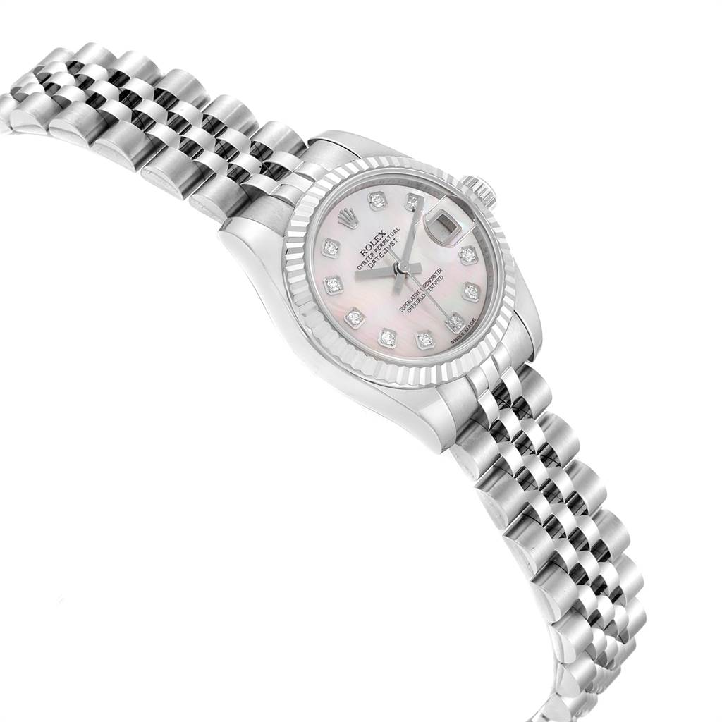 This image shows a Rolex Datejust 179174 Women
s Stainless Steel Mother of Pearl Dial 179174 Women
s Stainless Steel Mother of Pearl Dial watch at an oblique angle, highlighting the face, bezel, and part of the bracelet.